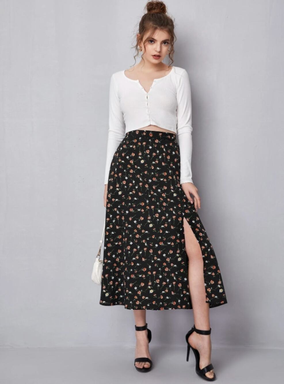 SHEIN Ditsy Floral Split Thigh Maxi Skirt Boho Size 1XL EUC
